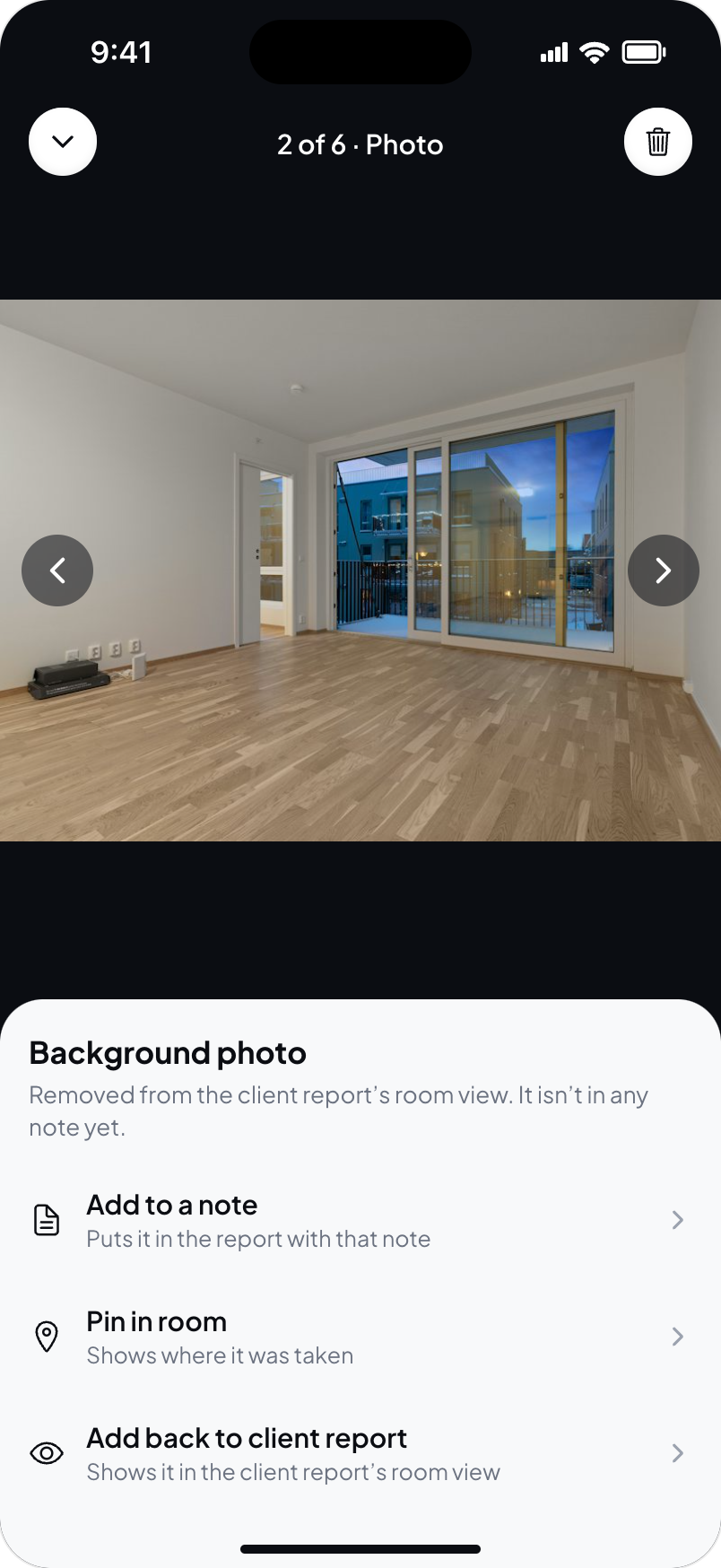 Hometrace interface illustration: A shot removed from the report: Background photo, Add back to client report.