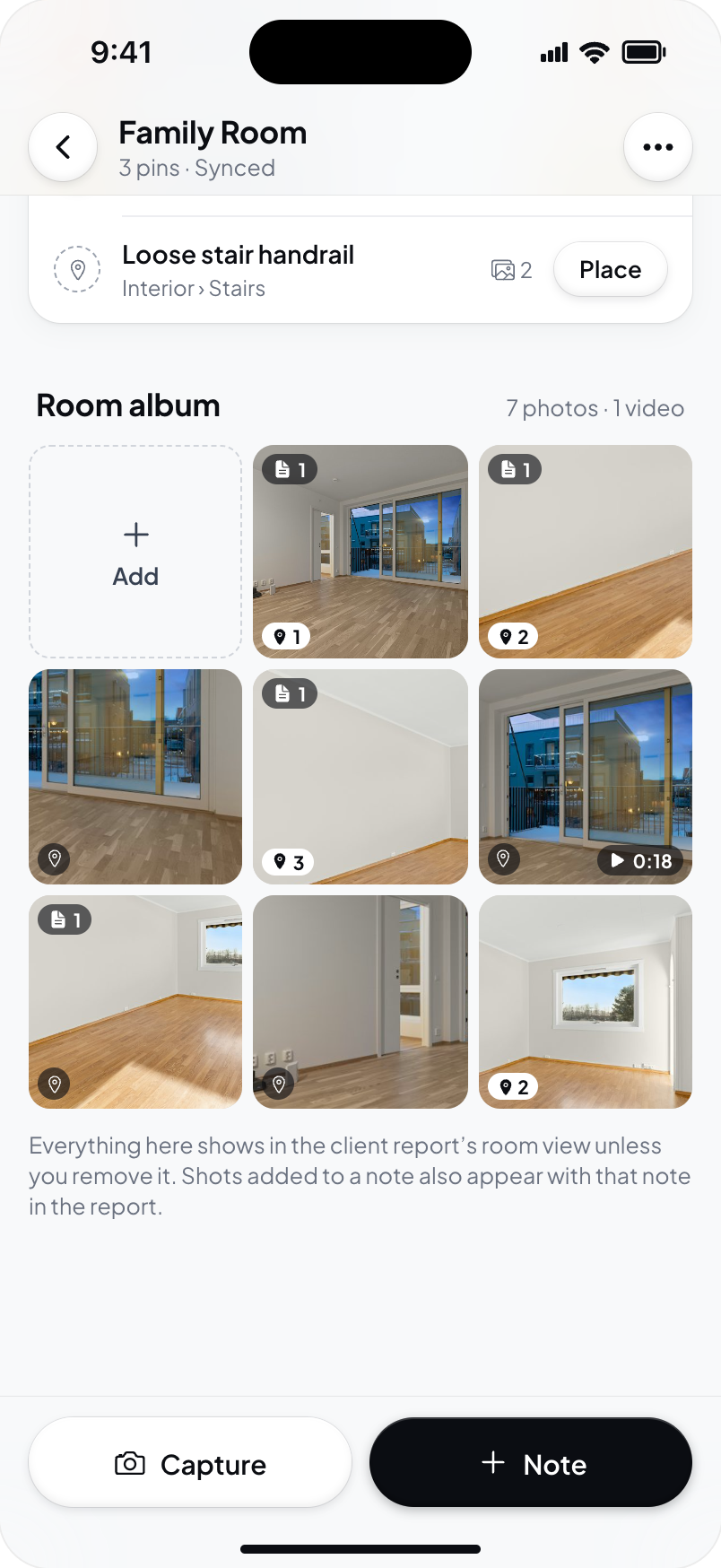 Hometrace interface illustration: Scrolled to Room album: Add tile, pin and note badges, video, caption.