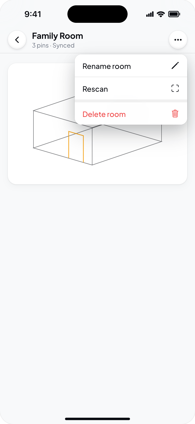 Hometrace interface illustration: Room ••• menu: Rename room, Rescan, Delete room.