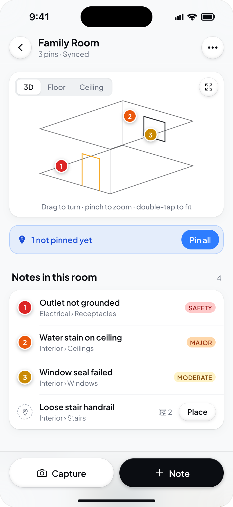Hometrace interface illustration: Room screen: model with pins, 1 not pinned yet, Notes in this room.