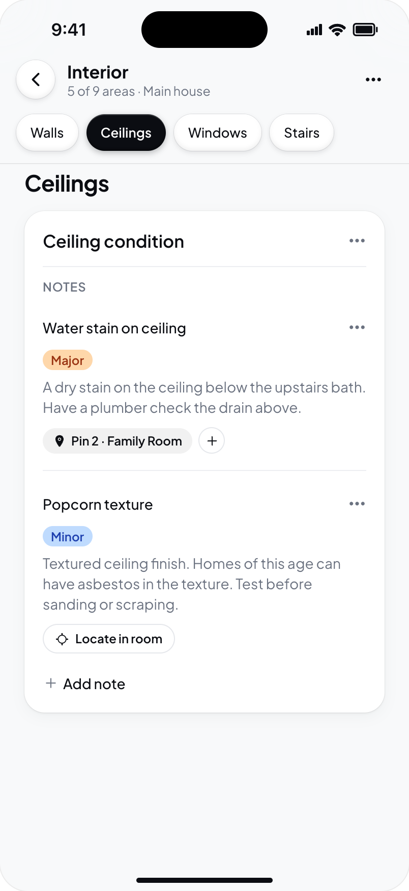 Hometrace interface illustration: Area screen notes: one pinned (Pin 2 · Family Room, +), one not located yet with Locate in room.