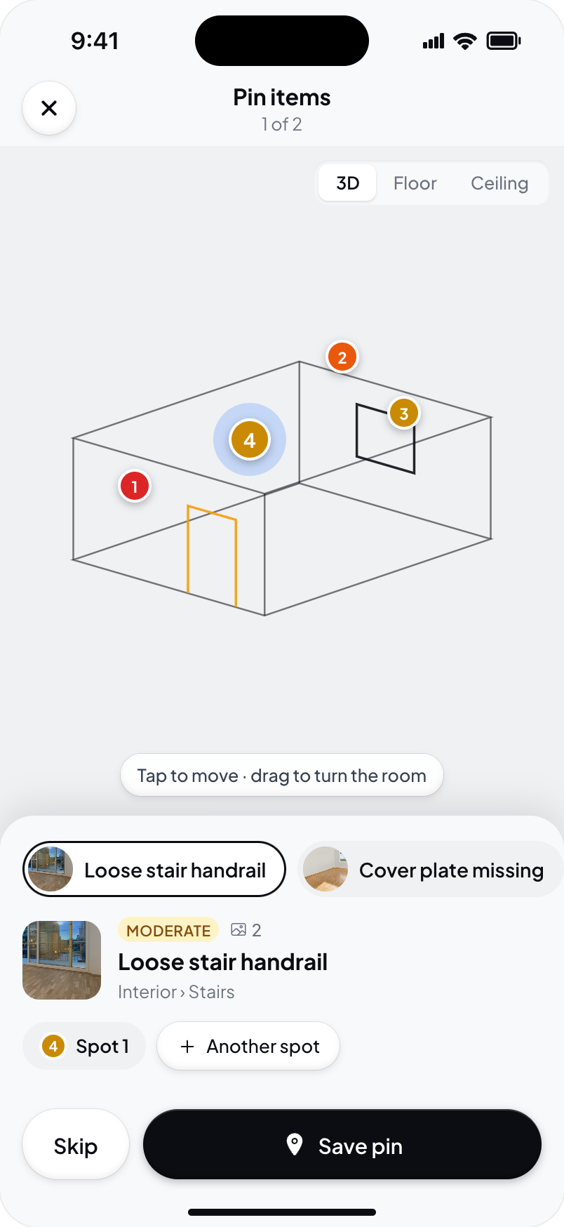 Hometrace interface illustration: Pin mode: draft pin placed, Spot 1, Another spot, Save pin.