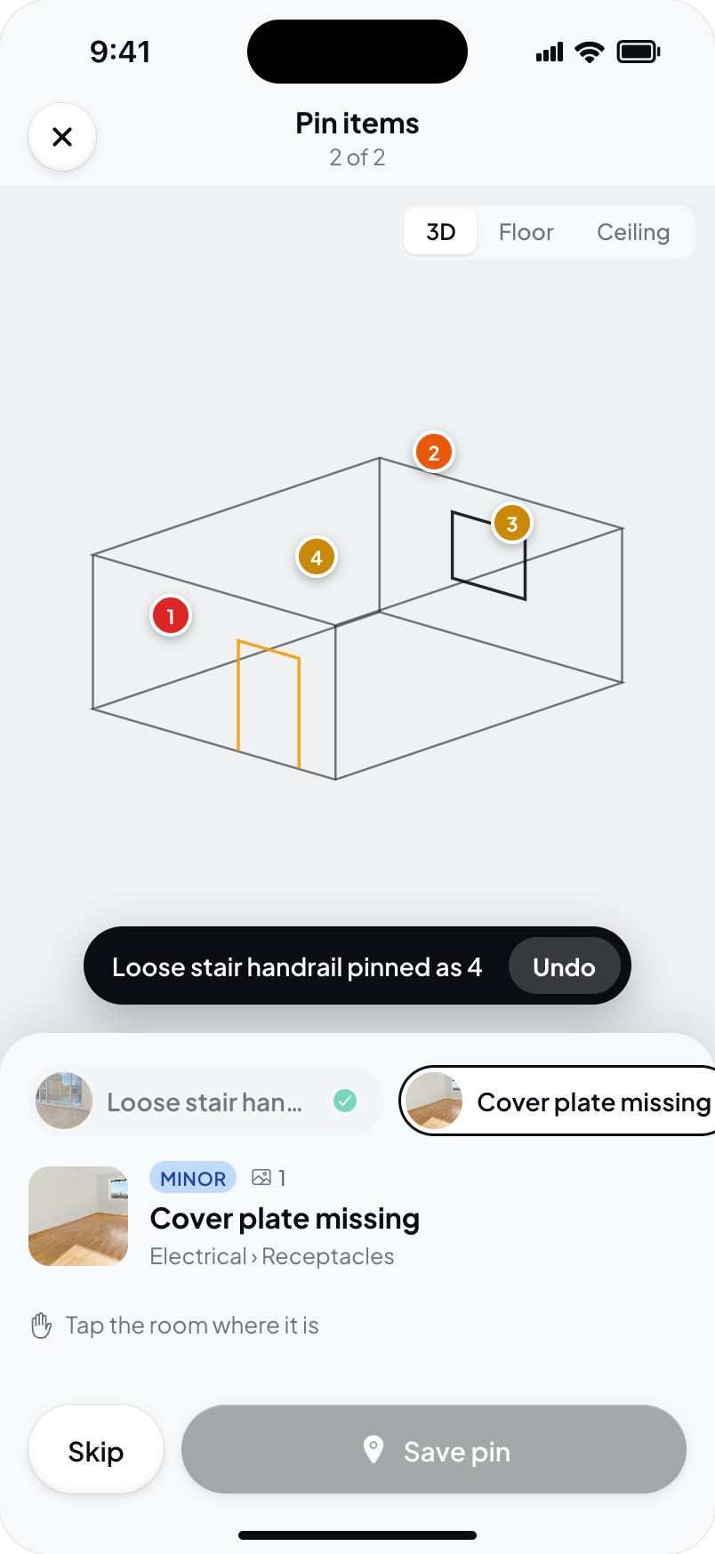 Hometrace interface illustration: After saving: pinned-as toast with Undo, next item waiting for a tap.