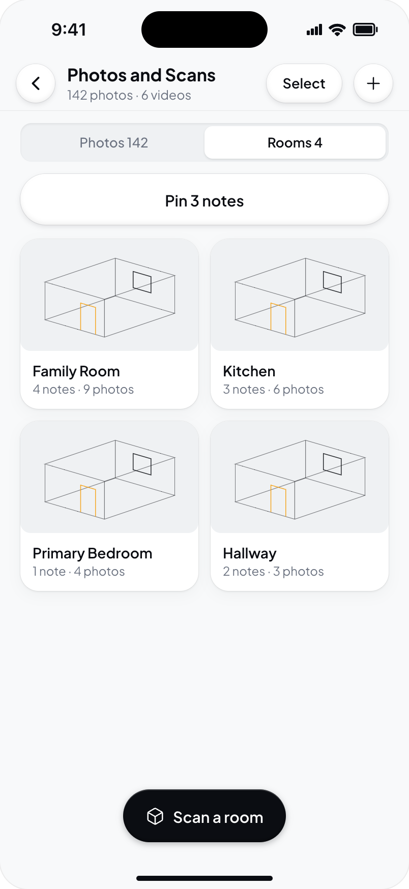 Hometrace interface illustration: Rooms tab with the "Pin 3 notes" entry above the room cards.