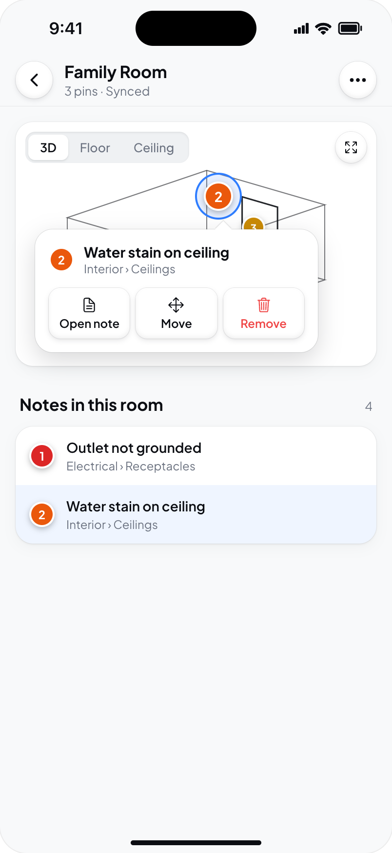 Hometrace interface illustration: Tapped pin, ringed, with Open note / Move / Remove.