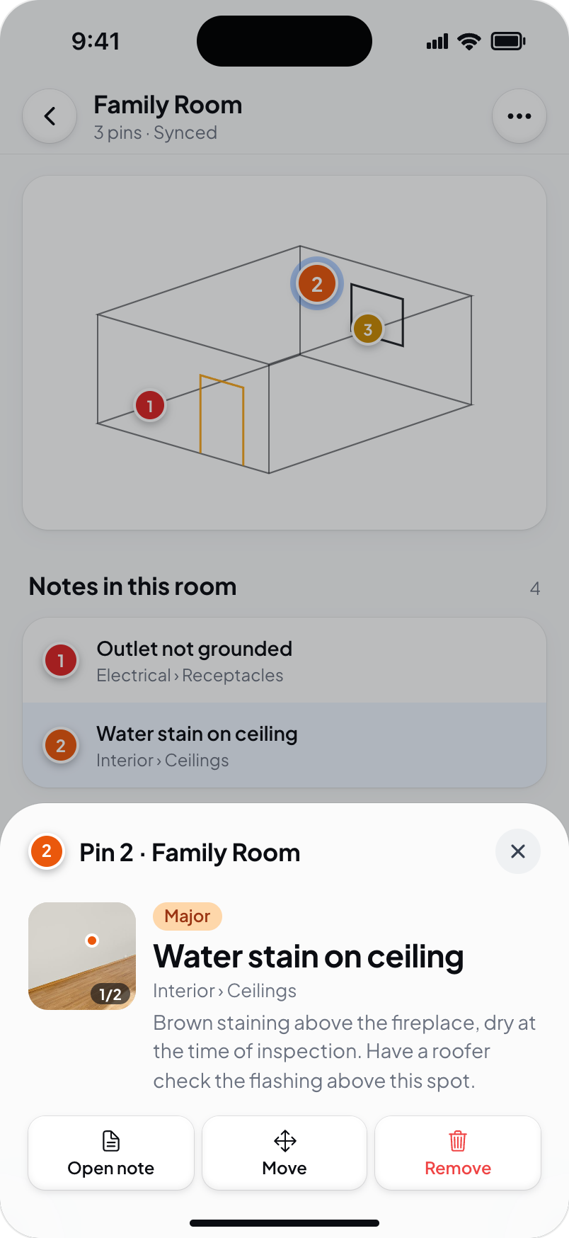 Hometrace interface illustration: Pin sheet: photo, severity and note with Open note, Move and Remove.