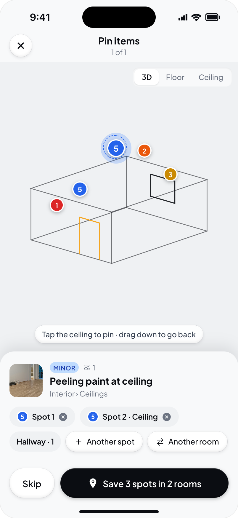 Hometrace interface illustration: A ceiling spot (dashed ring) plus a spot in Hallway: "Save 3 spots in 2 rooms".