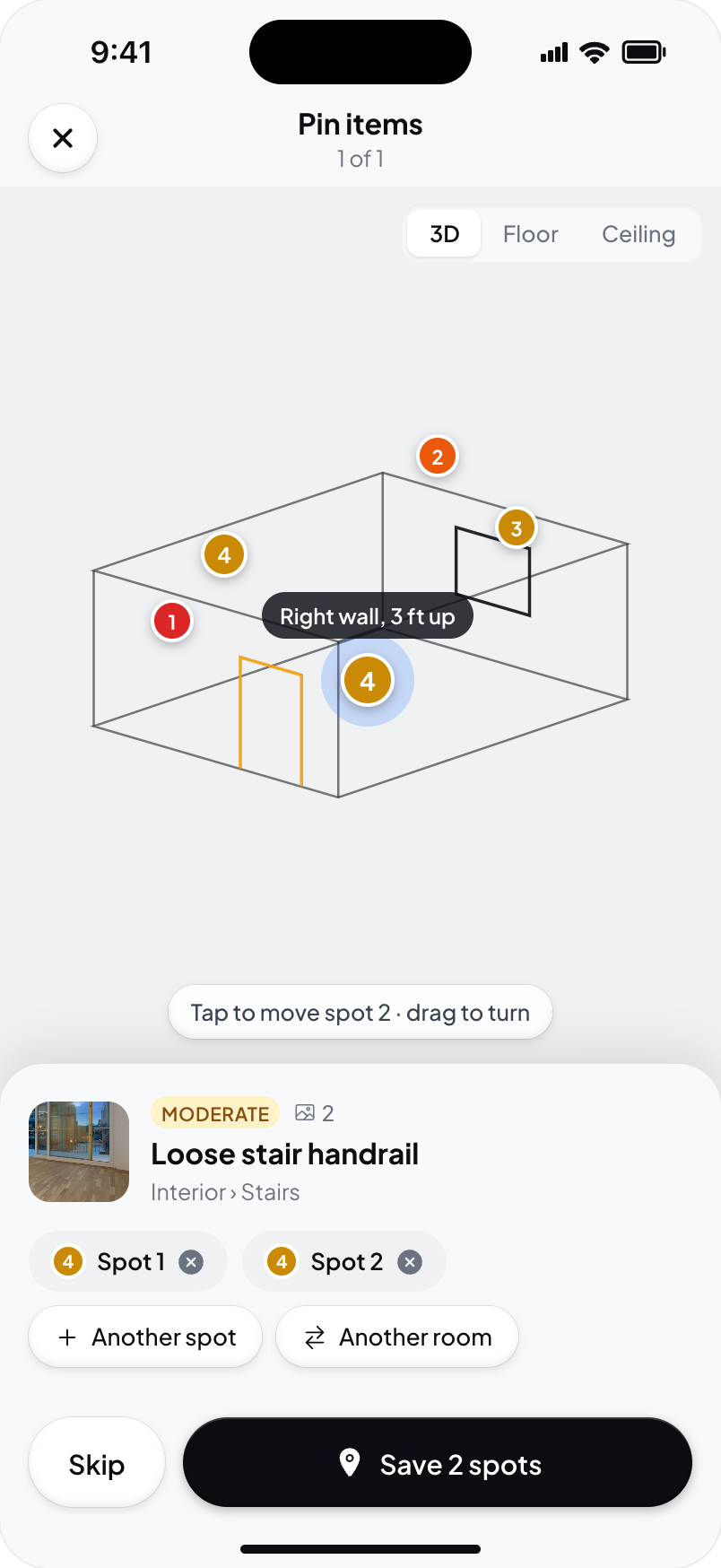 Hometrace interface illustration: One note in two spots: Spot 1 and Spot 2, + Another spot, Another room, "Save 2 spots".