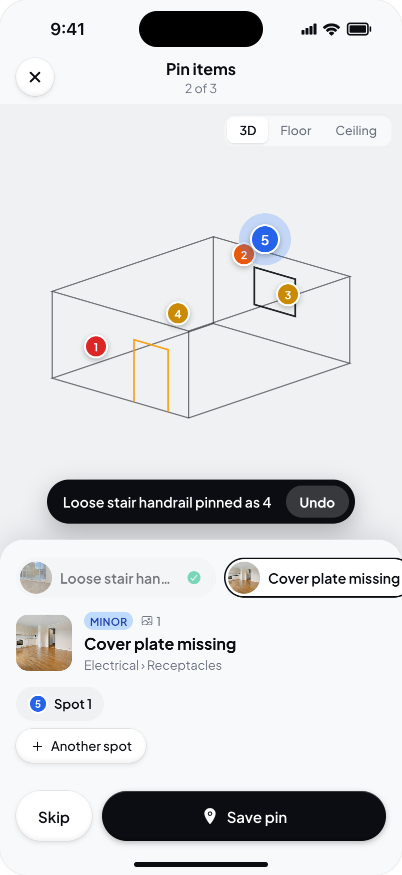 Hometrace interface illustration: Undo toast after a save while the next item is already being placed.