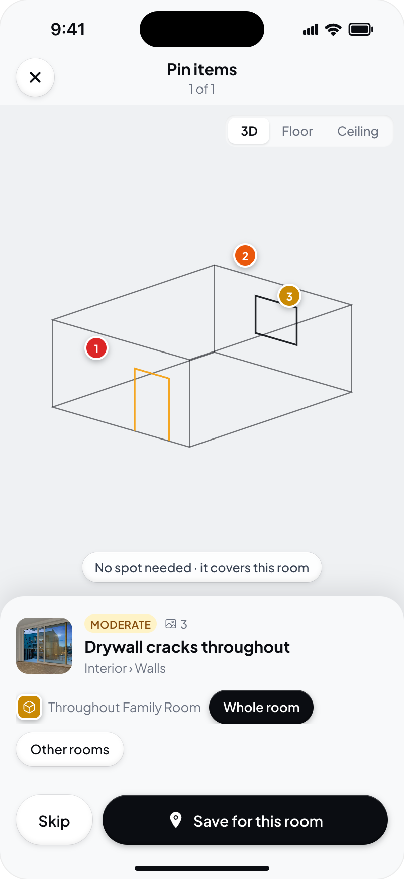 Hometrace interface illustration: A note that covers the whole room: "Throughout Family Room", Save for this room.