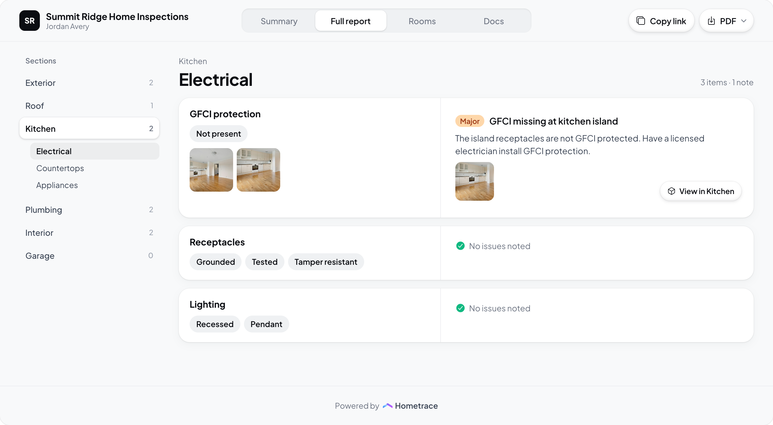 Hometrace interface illustration: Full report: Sections list, Kitchen › Electrical, a Major note with photos and View in Kitchen, items with no issues.