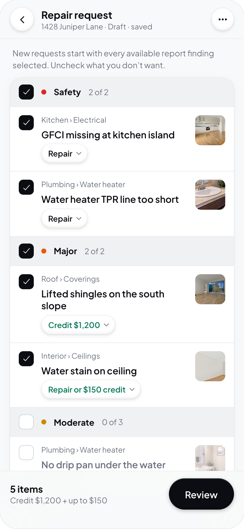 Hometrace interface illustration: Repair request on a phone: checklist with ask pills and the Review bar.