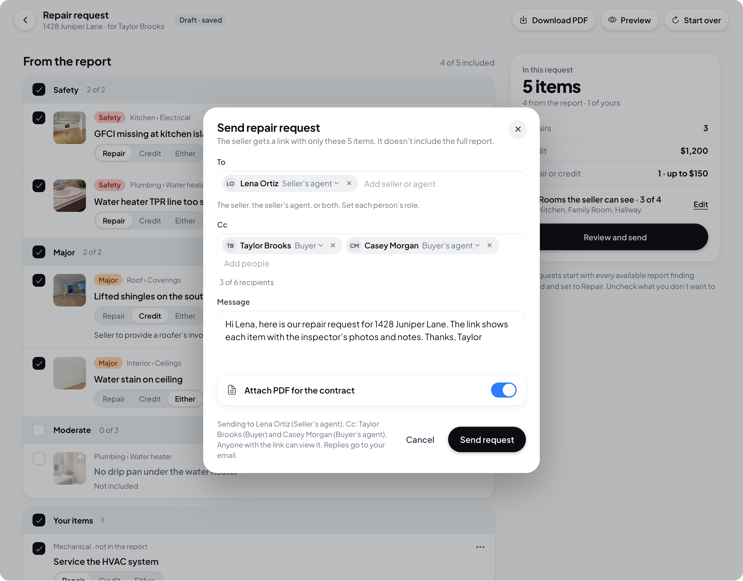 Hometrace interface illustration: Review and send: Send repair request dialog with To, Cc, message and Attach PDF.