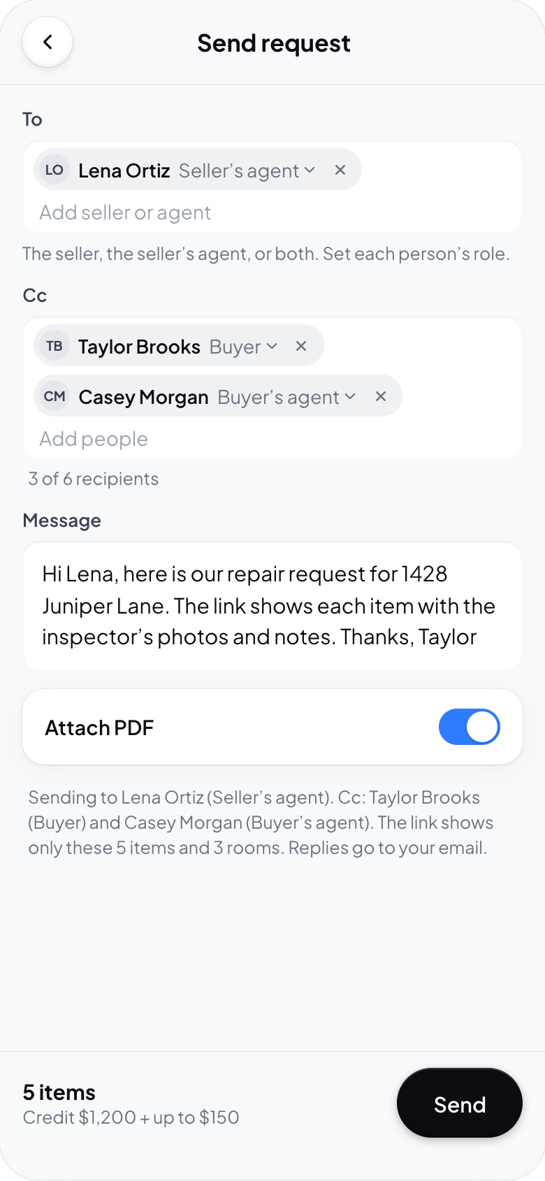 Hometrace interface illustration: Send request page on a phone.