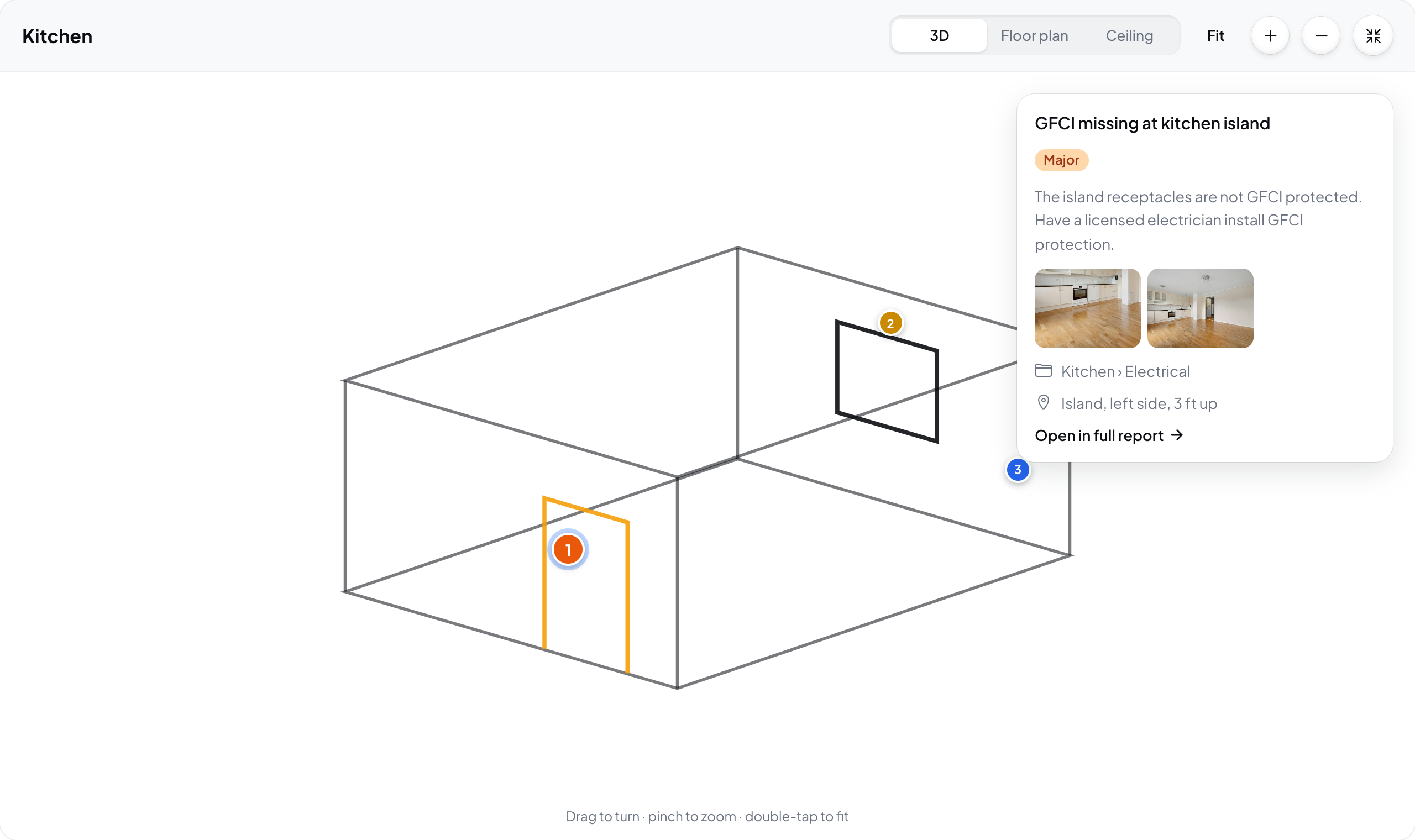 Hometrace interface illustration: Fullscreen room with the selected note beside the model.