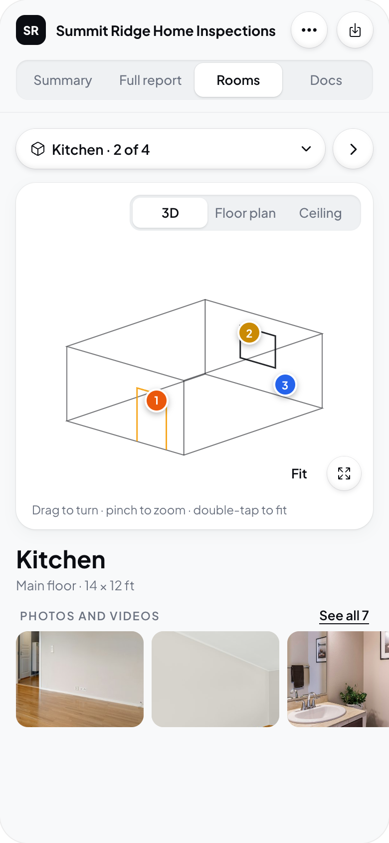 Hometrace interface illustration: Rooms on a phone: room switcher, viewer, Photos and videos strip with See all.