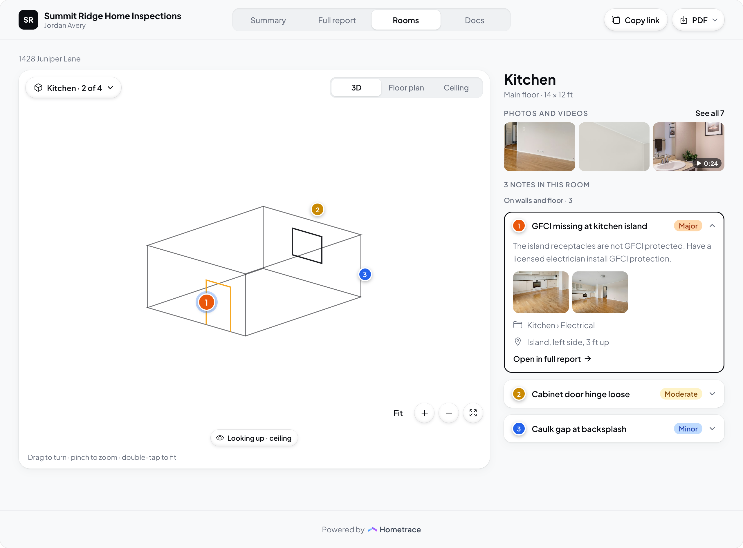 Hometrace interface illustration: Rooms: Kitchen in 3D tilted up ("Looking up · ceiling" in the Fit row), a selected finding expanded, Photos and videos with See all.