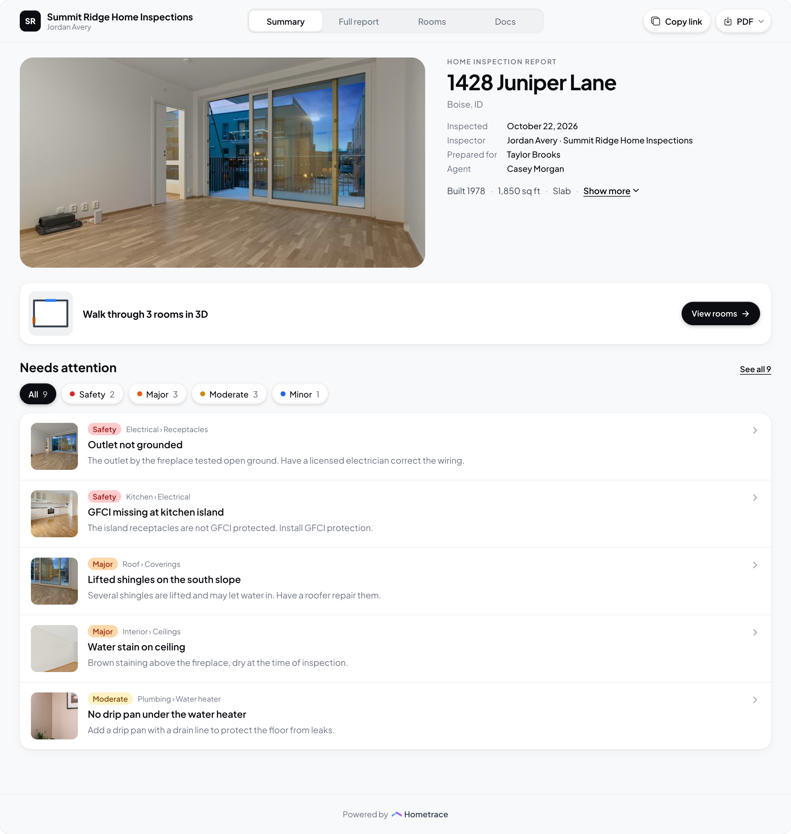 Hometrace interface illustration: Client report Summary: inspector header, tabs, cover, details, rooms banner, Needs attention.