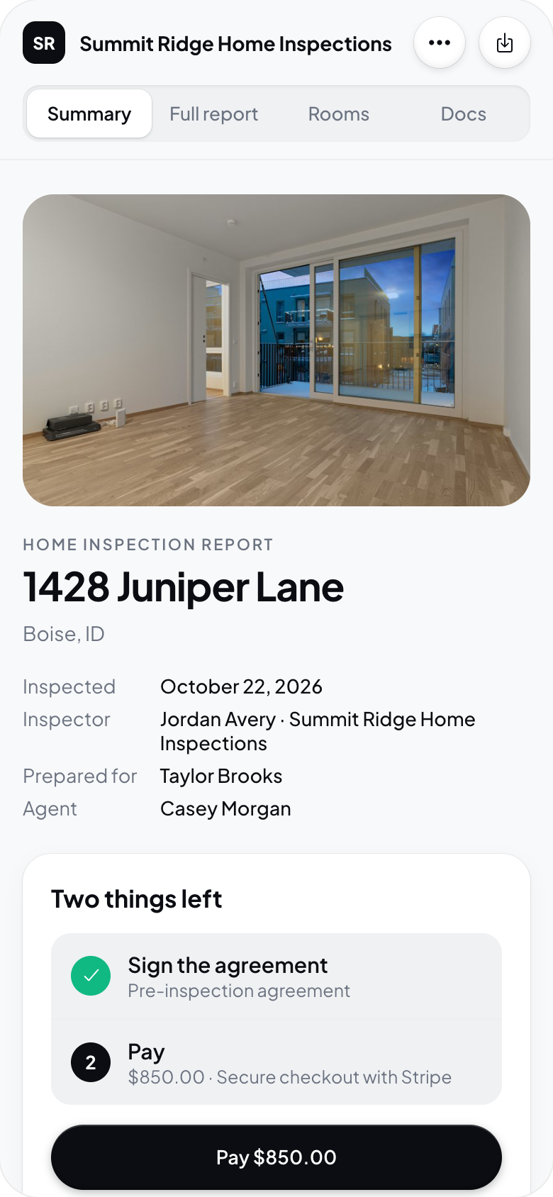Hometrace interface illustration: Summary on a phone with Two things left (signed, Pay $850.00).