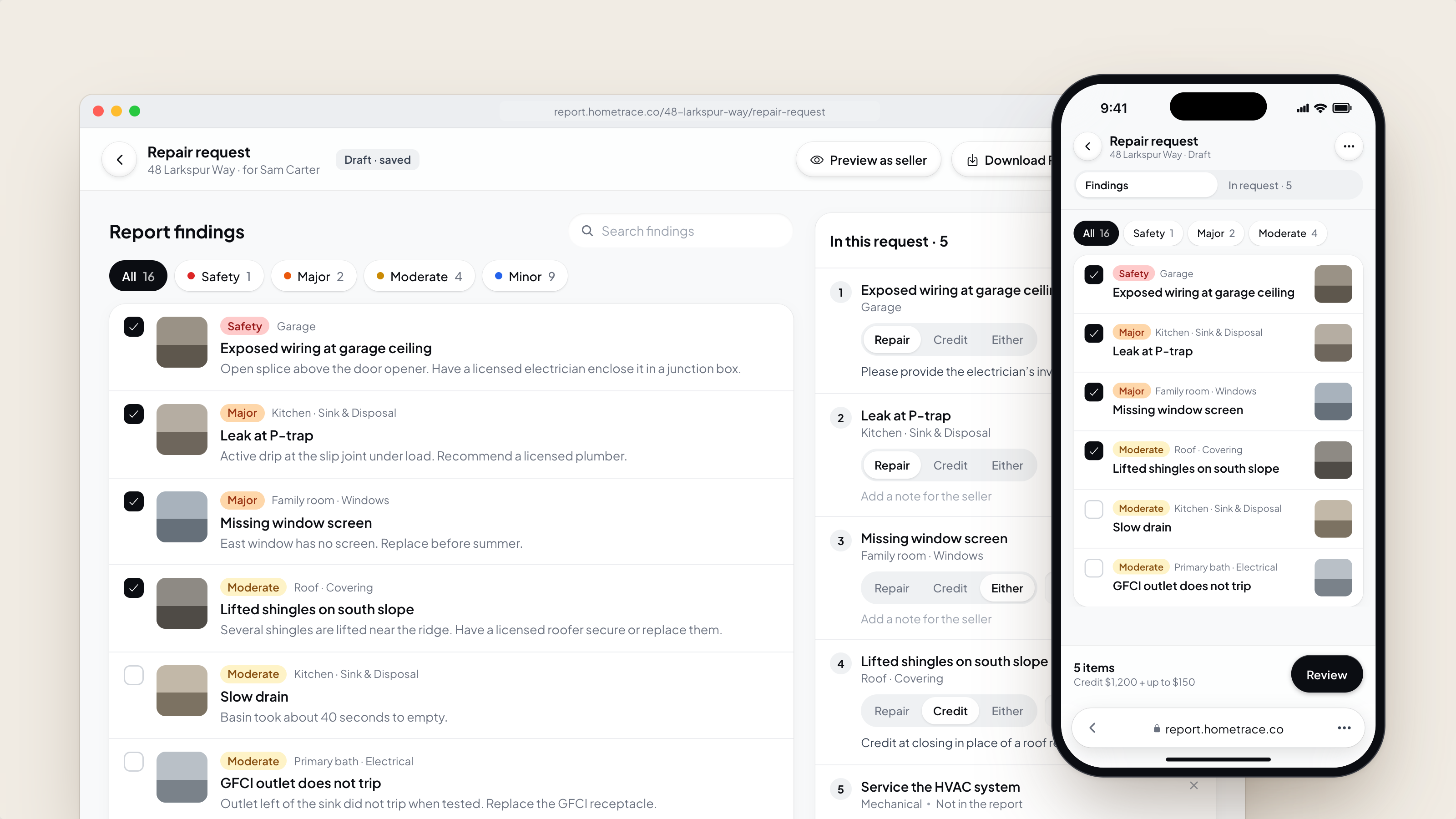 A client builds a repair request from report findings on the web and on iPhone: findings with checkboxes beside an In this request list with Repair, Credit or Either choices.