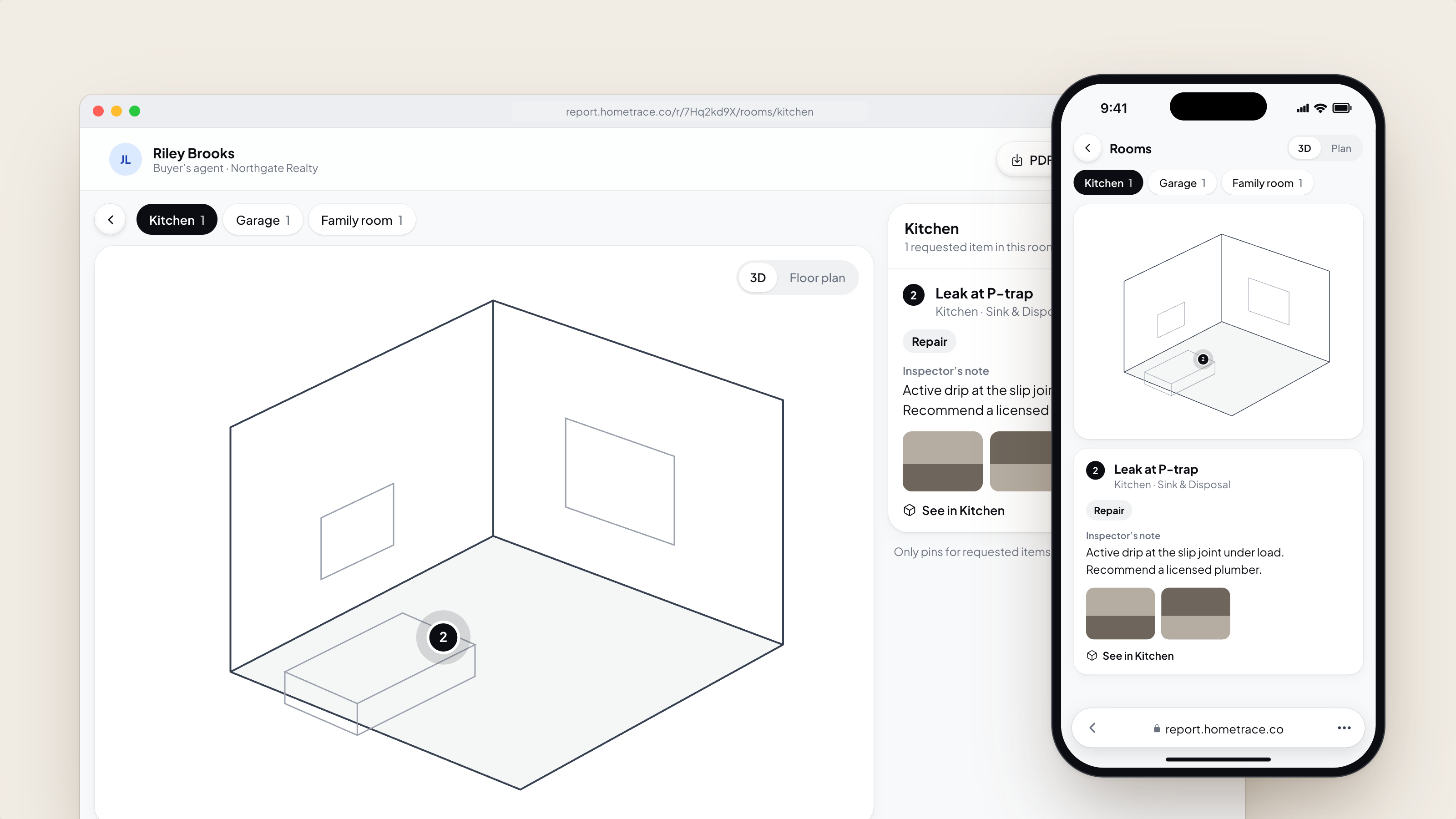 Repair request with rooms: a kitchen 3D model with a numbered pin beside the requested item, Leak at P-trap, on the web and on iPhone.