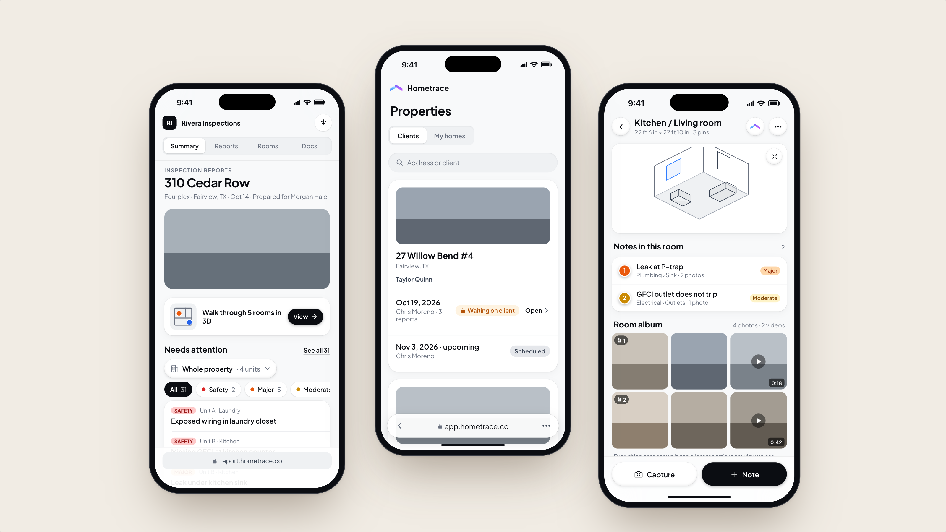 Three iPhone screens in the new Hometrace design: an inspection summary, the properties list, and a kitchen room with pinned notes and a photo album.