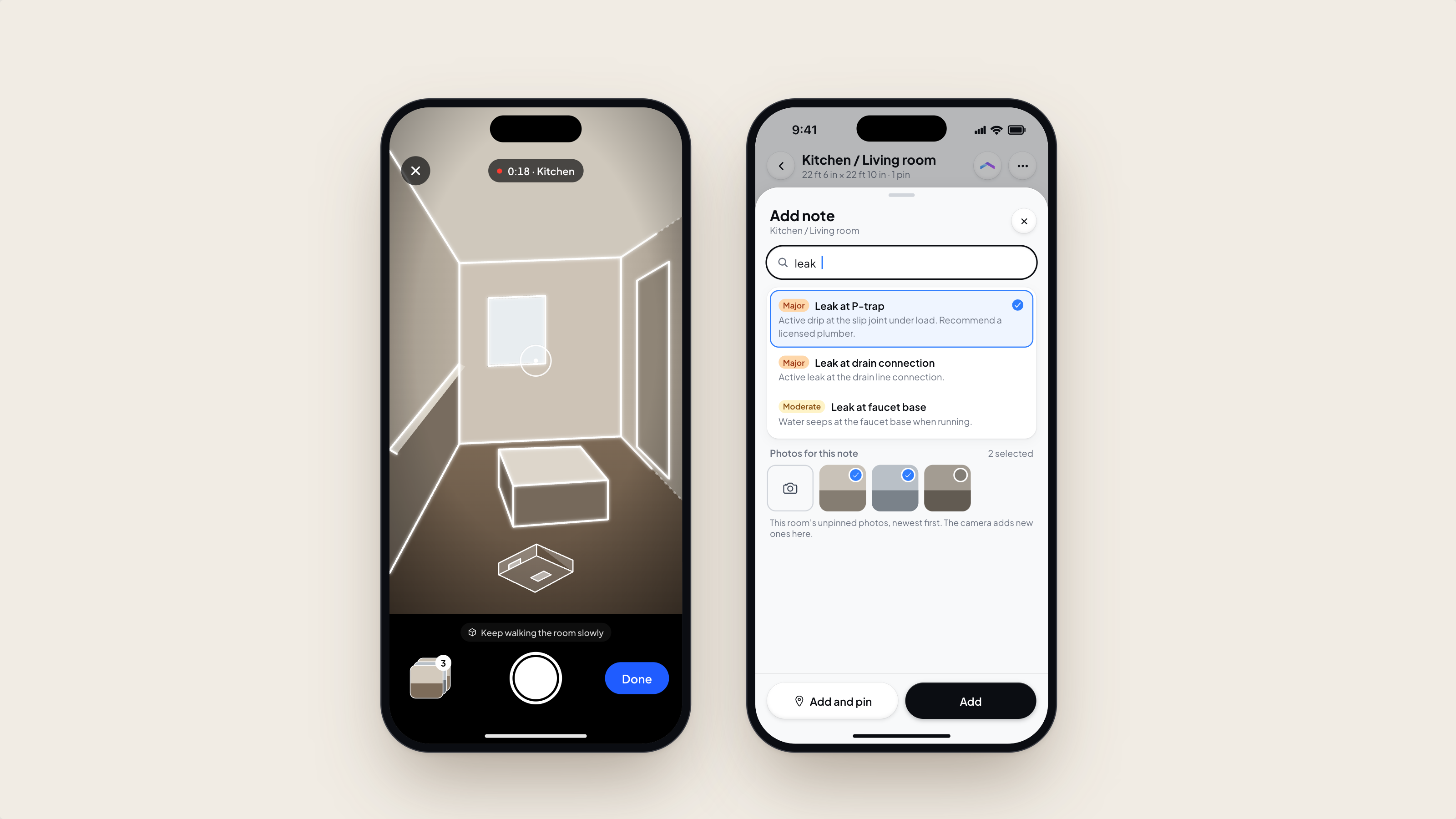 Scanning a room on iPhone: the LiDAR capture view mid-scan next to the Add note sheet where a finding is chosen and pinned.