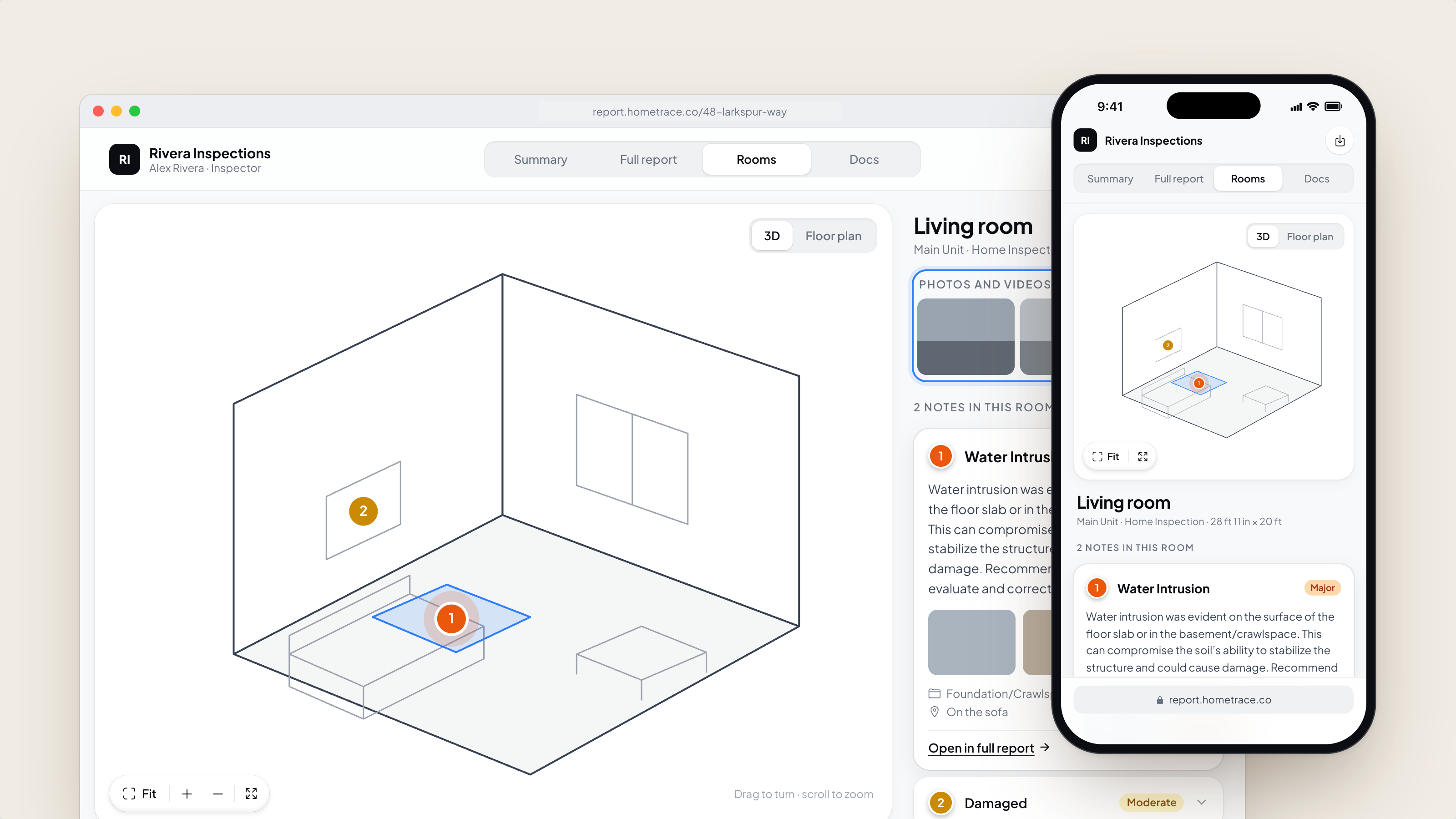 The Rooms tab of the client report on the web and on iPhone: a 3D living room with numbered pins next to the notes pinned in it.