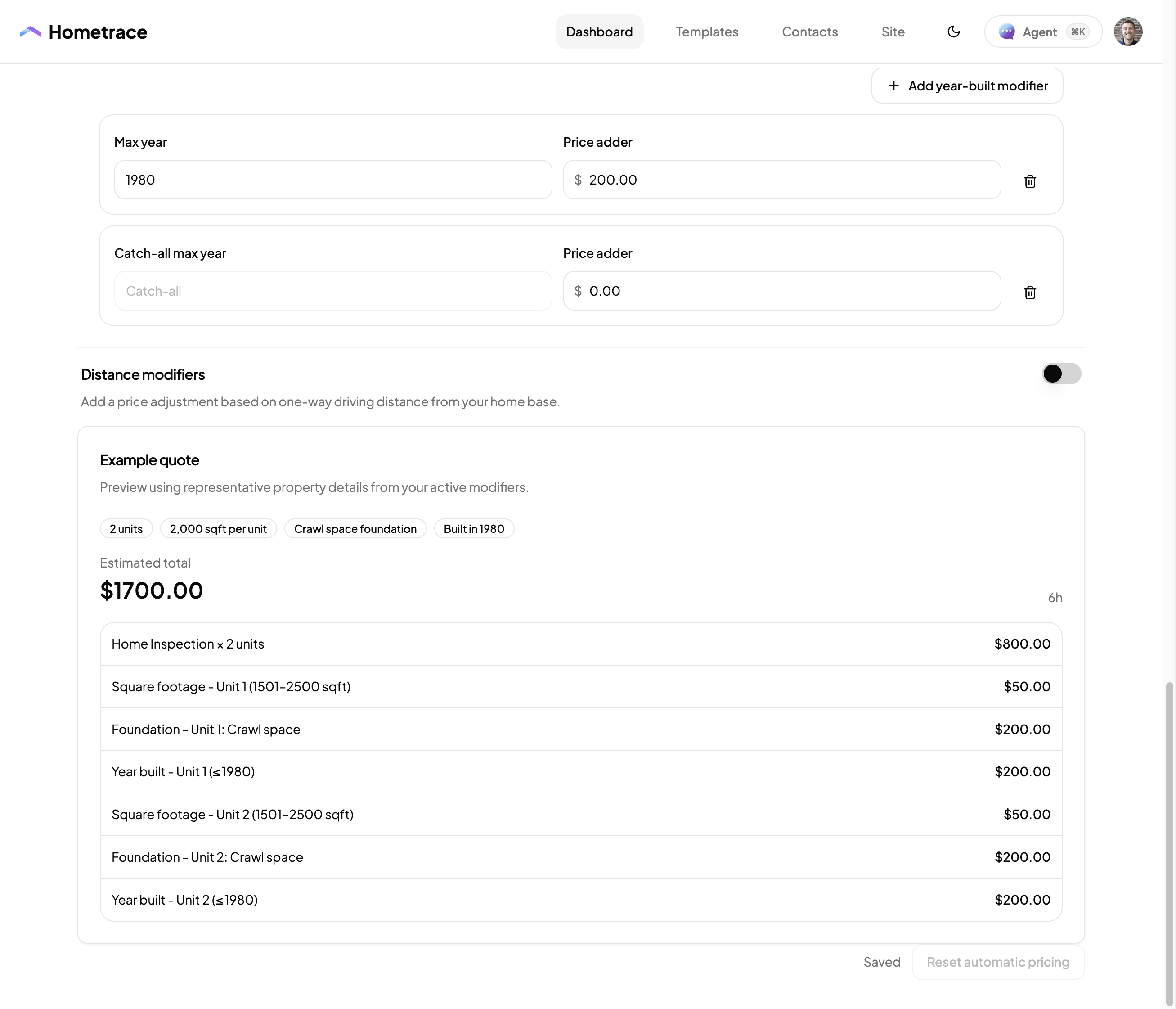 Hometrace example quote showing a $1,700 estimated total for two units, with separate home inspection, square-footage, foundation, and year-built line items.
