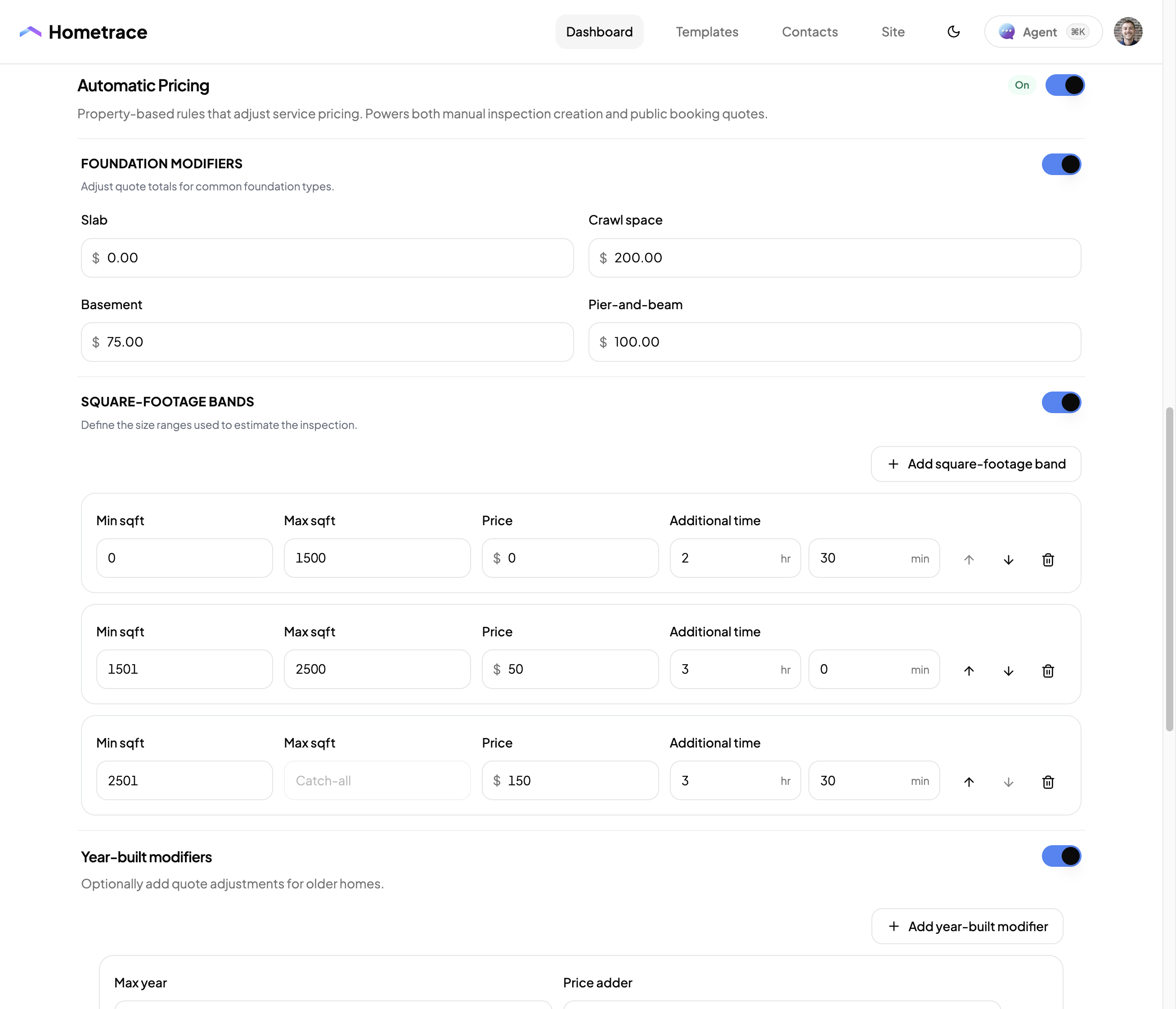 Hometrace automatic pricing settings showing foundation adjustments and square-footage bands with prices and additional inspection time.