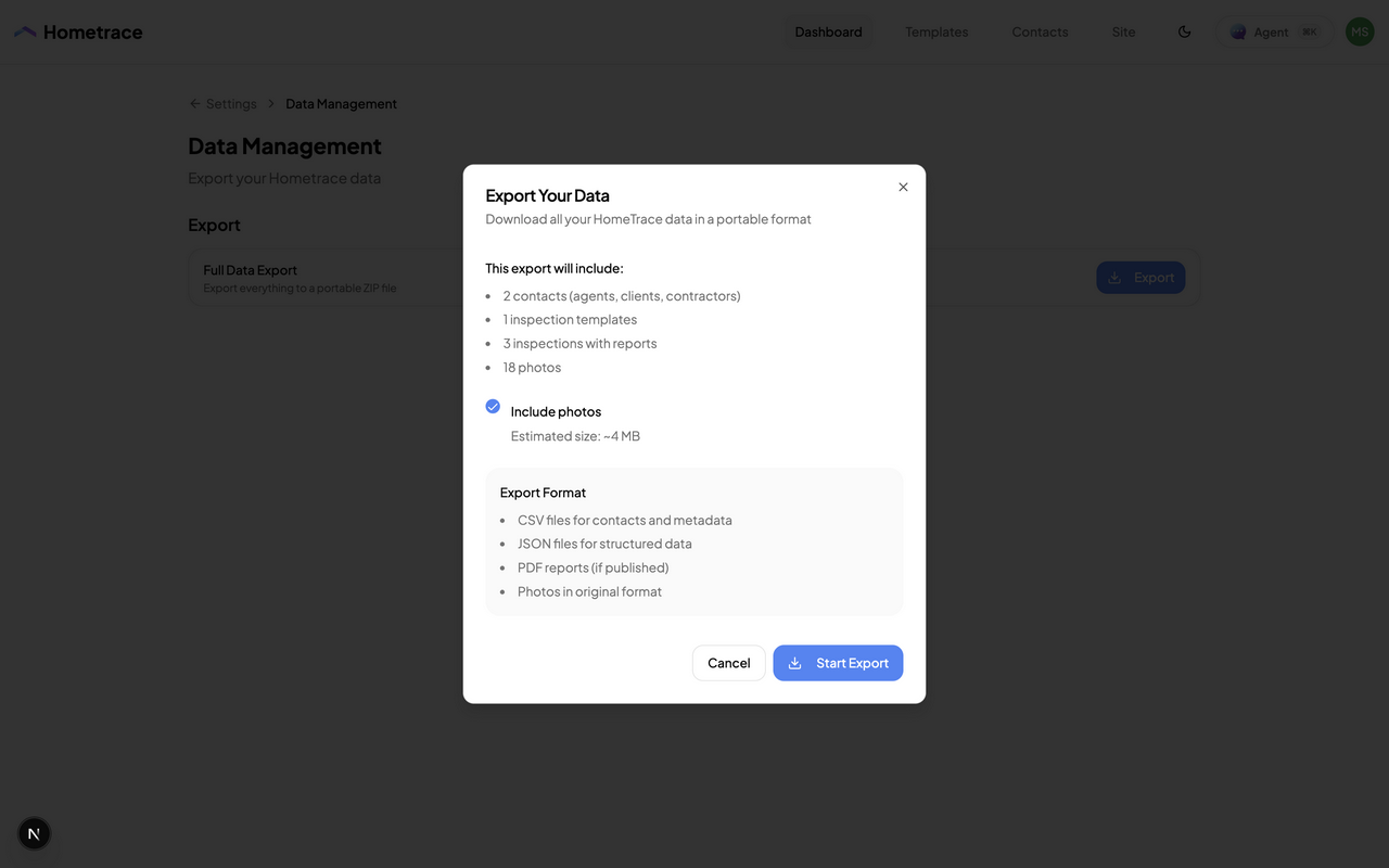 Hometrace Full Data Export options showing the choice to include photos in an archive of contacts, templates, and inspections.