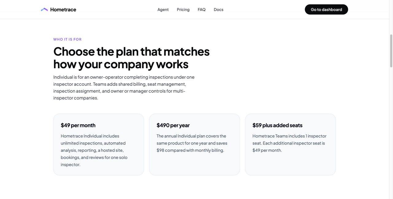 Current Hometrace pricing showing Individual at $49 per month or $490 per year and Teams at $59 plus additional inspector seats.