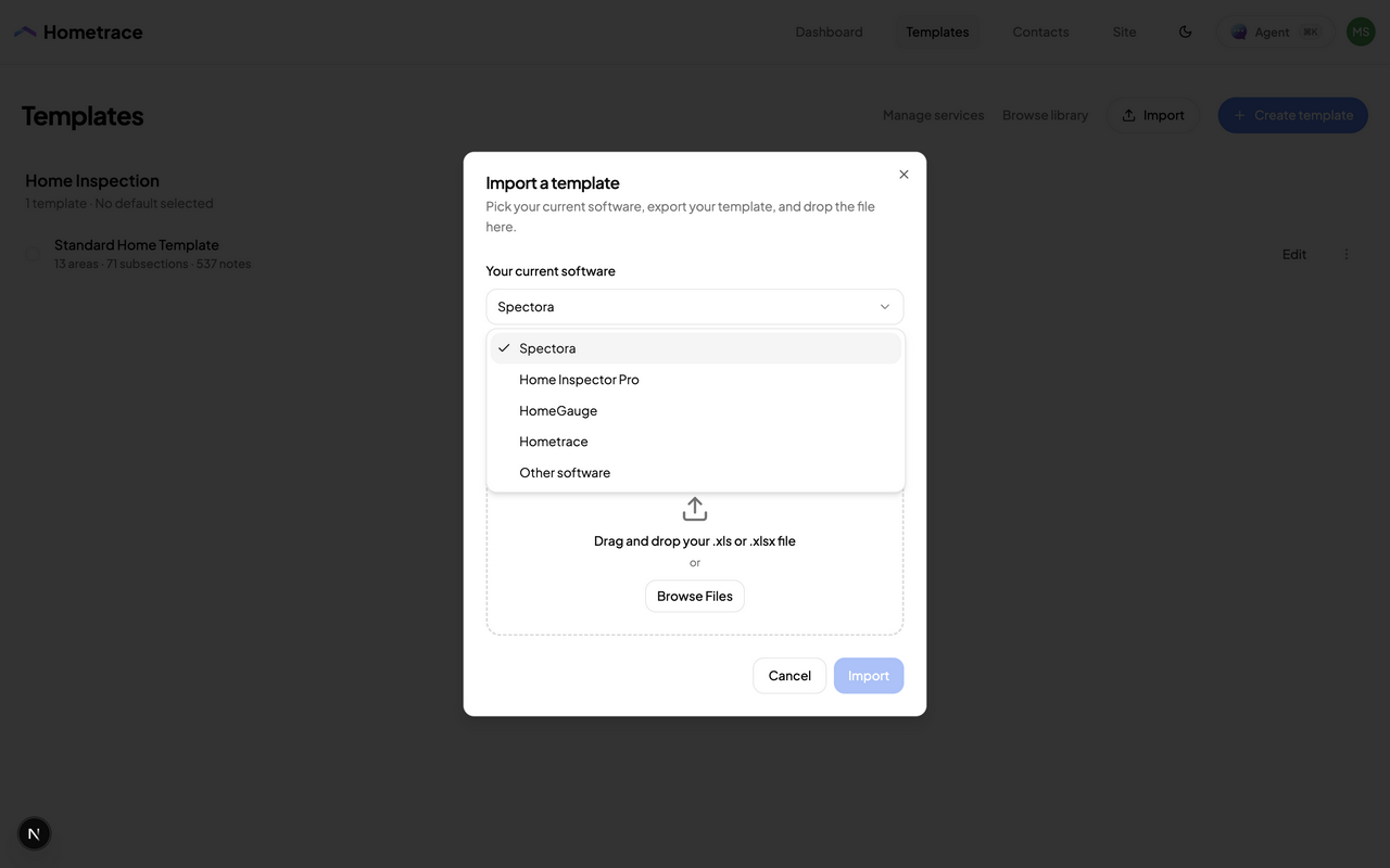 Hometrace template import dialog with options for Spectora, Home Inspector Pro, HomeGauge, Hometrace, and other software.